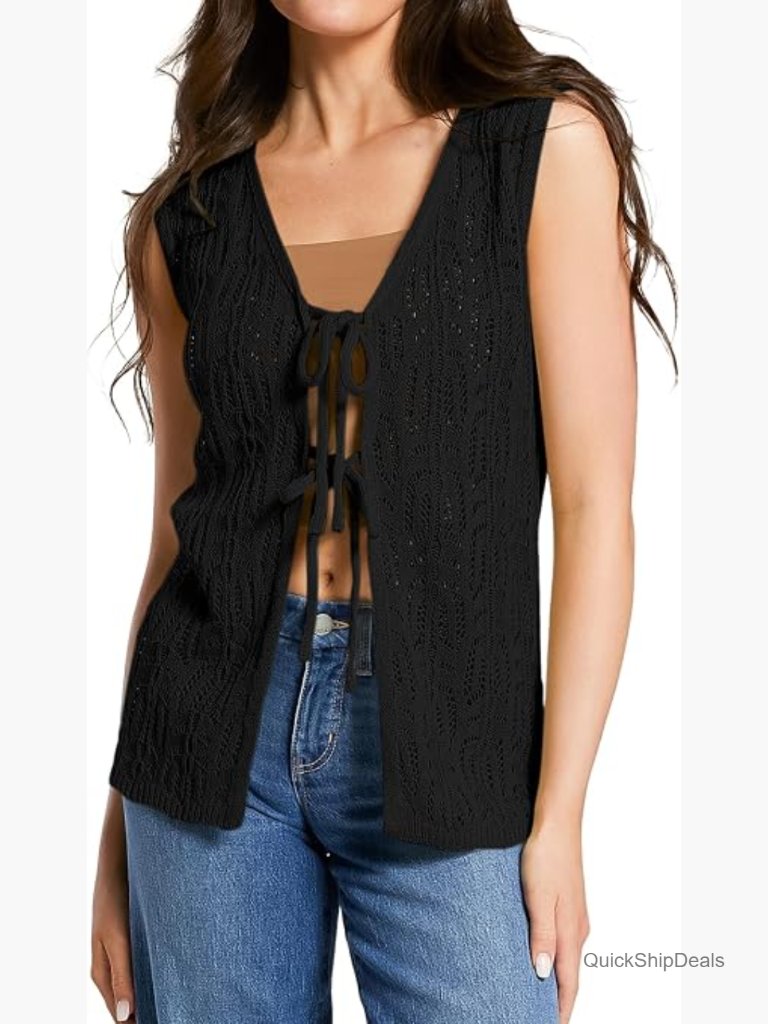 Knit Tie Front Vest Sleeveless V Neck Hollow Out Cardigan Top Beach Cover Up